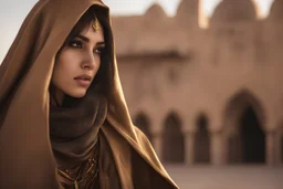 Photoreal close-up of a gorgeous 25year old cloaked arabic half-elf rogue girl in leathers on top of a golden palace in an arabic fantasy desert city at dusk by lee jeffries, otherworldly creature, in the style of fantasy movies, photorealistic, bokeh masterpiece smooth shading, ultra detailed, high resolution, cinematic, unreal 6, subtle shadows, octane render, 8k, cinema 4d, HDR, dust effect, vivid colors