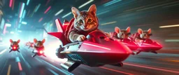 rocket ship cat captain in high speed pursuit among neon rat cyber soldiers, with background motion blur