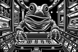 setting darkened glowing 1980s video game pinball machine arcade. an unlikely hero humble humanoid frog man. high contrast black & white imagery. mad magazine illustrations line drawings stylized comedic parody caricatures. photo accurate
