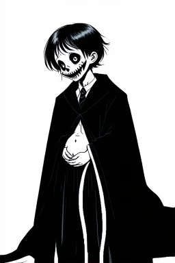 7 year old boy, necromancer, friendly, looks dead,with a long lamprey emerging from his belly , wearing black robes, with the lower body of a ghost in the style of Harry Clarke