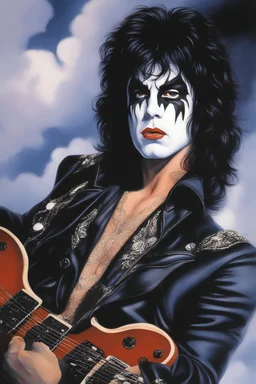 paul stanley full color oil painting art by Alex Ross, fog and clouds rising in the foreground