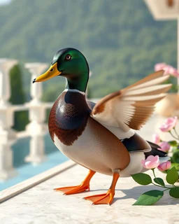 Generate image: Generate image: Generate image: A macro 3D render of a cute, lovely mallard with dark green neck ,entirely of translucent, glossy,colored jelly material. it is landing in terrasse of a luxury villa next to flowers ,subsurface scattering and gelatinous texture . High-quality CGI, octane render, 8k resolution, whimsical, adorable, clean composition., in the style of Portraits, in the style of Portraits, long shot ,4:3
