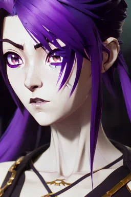 Detailed cute anime Kunoichi girl, purple hair buns, purple bangs, black latex bodysuit, intricate details, full body portrait, keep head in frame, slight smile, black Japanese motif, concept art, highly detailed, digital painting, concept art, sharp focus, illustration, art by Yoji Shinkawa, WLOP and greg rutkowski and alphonse mucha and artgerm and yanjun Chen and Junji ito and Makoto Shinkai, HDR, octane render