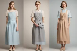 Простые, скромные платья приглушенных, пастельных тонов (серые, бежевые, бледно-голубые), часто покрытые фартуком.