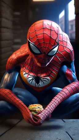 spiderman become BURGER, ultra realistic, 4k, ultra detail, full body, full picture