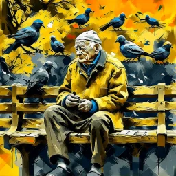 A digital painting in a vintage pop-art style. An elderly man sits on a wooden bench surrounded by pigeons, holding some in his hands. The scene is inspired by a black-and-white photograph but reimagined with bold pop-art colors, strong contrasts, textured brush strokes, and a retro urban atmosphere. The background features distressed textures, with warm yellows, deep reds, and teal greens, blending realism with stylized graphic design. The man’s expression remains detailed and expressive, while