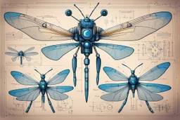 Hand drawn technical illustration , with detailed blueprints and engineering schematics of a robotic dragonfly, with highly detailed features, drawings, and technical notation, 8k, vibrant natural colors