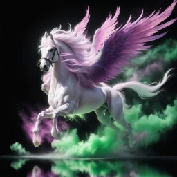 Anime conceptual art of a white pink purple realistic horse ascending into the sky. it has wings creating green powder paint encircling him. surrounding is black reflection, realistic, detailed / HD quality --v 6.0, Canon EOS R5, edge lighting, cinematic lighting, translucency, extrusion and gradient value change, specular darkening and contrast, strong occlusion of the surrounding overlay, depth parallax, photorealistic, 4K , 3D