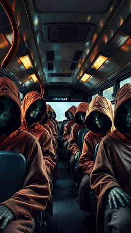 A bus full of scary hooded aliens sitting in the bus