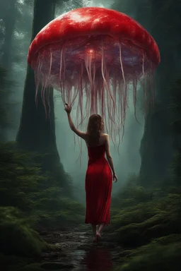 tall slim woman in a red dress, in a forest, holding an umbrella made from a jellyfish, detailed matte painting, deep colour, fantastical, intricate detail, splash screen, complementary colours, fantasy concept art, 8k resolution, Unreal Engine 5