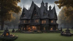 A gothic woodland house with a coven of witches dancing around a pentacle on a lawn in front of the house.