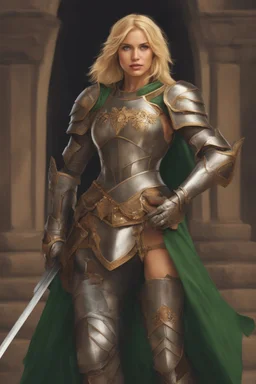 A beautiful woman with blond hair and green eyes. Knight, leather armor.