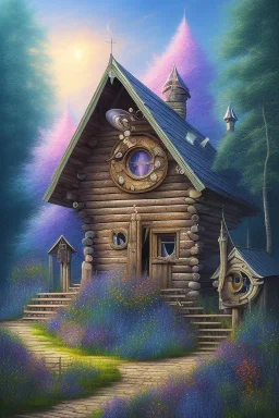 sharp focus, fine detail, romanticism, mystical forest, wooden cabin, acrylic paint, mystical, purple blue yellow silver teal black olive azure, red, pink, brown, flowers,