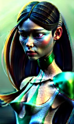 young girl, cute, beautiful, long hair, black hair, light green skin, flat nose, black eyes, big eyes, turquoise dress, head and shoulders portrait, 8k resolution concept art portrait by Greg Rutkowski, Artgerm, WLOP, Alphonse Mucha dynamic lighting hyperdetailed intricately detailed