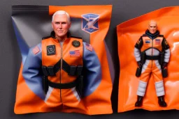 Mike pence G.i. Joe toy Space force uniform With Extra accessories inside a blister packaging hanging on a Wallrack in toystore, fluorescent orange, toy guns, wide angle shot whole body, black moonboots, fullsize