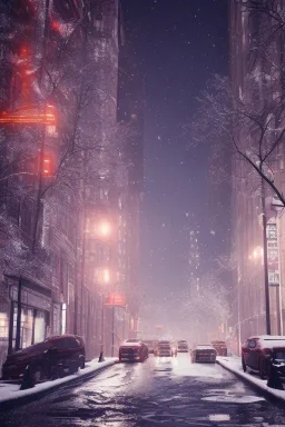 New York street, Realistic night christmas, snow, 4k, big tree christimas