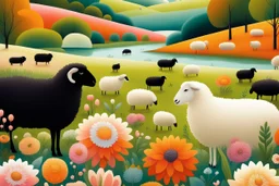 Create a vibrant pastoral scene featuring a colorful landscape. In the foreground, two sheep stand among flowers: one is black with a smooth texture, and the other is white and fluffy. Surrounding them are various stylized flowers in hues of orange, pink, and cream. The midground features a gentle rolling terrain with black sheep and white sheep grazing peacefully, some scattered throughout the grassy field. Towards the background, a serene river winds through the landscape, reflecting the soft