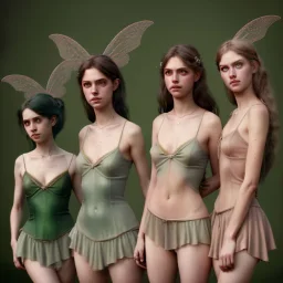 Middle Ages, three pretty girl fairies, green eyes, nip, glamour