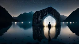 A modern architectural structure with irregularly shaped holes illuminated from within at night, a person standing in the doorway, and a body of water in the foreground with mountains in the background