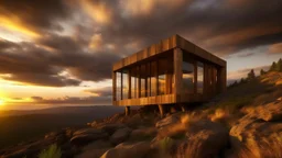 A contemporary wooden building situated on a rocky terrain under a dramatic sky filled with clouds during sunset. The structure features warm-toned materials, reflecting the golden hues of the setting sun. The surrounding landscape includes sparse vegetation and rugged rocks, evoking a serene and rustic atmosphere.