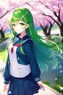 girl, masterpiece, best quality, cinematic lighting, detailed outfit, vibrant colors, perfect eyes, long hair, green hair, green eyes, hairclip, outdoors, ray tracing, god rays, in spring, cherry blossom, sparkle, depth of field, smile, school outfit,