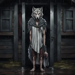 a short, thin very sad young gray hairbody anthropomorphic wolf female and wears a little with cloth around the waist stands in front of the camera in rain, an strong anthropomorphic wolf man stands behind the door in a wooden house, dark deep colors, sharp focus, rainy day, high contrast, high detail, atmospheric, dark fantasy, sci-fi