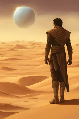 Dune-Panel 3: Legacy - Image of Muad'Dib overlooking Arrakis with a caption "Muad'Dib's rule brings stability to Arrakis, but his legacy continues to shape the universe.", Alexandro Jodorowsy Art,Juan Gimenez Art,Space Art,Sci-Fic Art,Dark Influence,NijiExpress 3D v2,Kinetic Art,Datanoshing,Oil painting,Ink v3,Splash style,Abstract Art,Abstract Tech,CyberTech Elements,Futuristic,Epic style,Illustrated v3,Deco Influence,Air Brush style,drawing