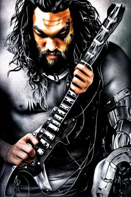 Jason Momoa like a cyborg,playing guitar,detail,textures