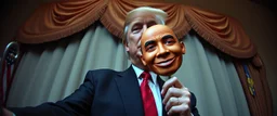 pin hole cam, trump holding an obama mask