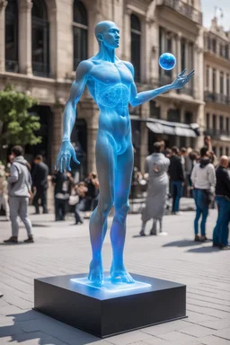 Статуя на улице. Голографический дисплей: Демонстрация трёхмерных моделей научных объектов (молекул, анатомии человека, планет), с которыми можно взаимодействовать при помощи жестов.