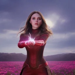 Feiticeira escarlate, Elizabeth Olsen, feiticeira, magia, rosto detalhado belo, bonita, cenário em um campo de flores, cinematográfico, dramático, por do sol, campo de flores, cores frias