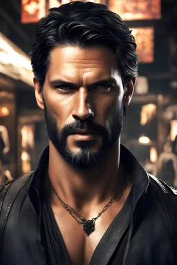 Adult man fusing Joe Manganiello+Manu Bennett's features, fair complexion, sporting short hair, intense eyes, warrior nomad, walking through a market, revealing black clothing, necklace, portrait, digital art, dramatic lighting, high detailed