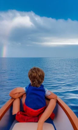 A little boy in a calm ocean on a boat with a rainbow in the sky