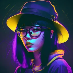 black purple hair asian hipster girl wearing black colored bucket hat with glasses yellow neon light