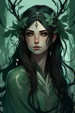 Young beautiful female Hexblood Warlock, long dark brown-black hair styled in elegant half-braids, glowing pale emerald-green eyes, delicate facial features. Thin twisted black thorn-like branches grow naturally from one side of her head, weaving seamlessly through her hair like an eerie crown, with tiny dark leaves and vine-like roots blending into her scalp. Faint dark vine markings trail along her neck and collarbone. Dark fantasy, realistic, cinematic, highly detailed.