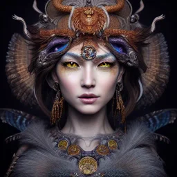 Insanely detailed photograph of an elaborate beautiful hawk goddess intricate glowing skin eyes intricate face hair lashes fur dress hyperdetailed painting by Anna Dittmann Huang Guangjian and Dan Witz CGSociety ZBrush Central fantasy art album cover art 4K 64 megapixels 8K resolution HDR Greek shiny space colours jewelry celestial hair eyes light"