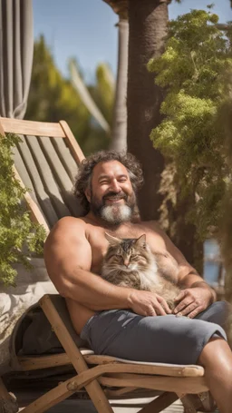 half figure photography of a sicilian bearded dock worker 45 years old, with a cat sleeping on his stomach, manly chest, shirtless, burly chubby, ,muscular, bulge, on the terrace full of plants, on the deckchair, bare-chested , hairy chest, under the sun, relaxing smiling