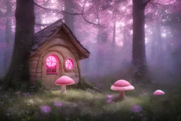 a cute fairy house pink and blue in the forest, spring time, mushrooms, 8k, flickering light, centered, high-quality, fine-detail, digital art, detailed matte, volumetric lighting, illustration, 3D octane render