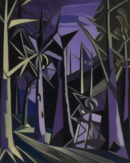 A dark purple forest with windmills painted by Pablo Picasso