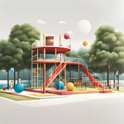 Dibujo arquitectónico de un parque infantil con diversos juegos infantiles estilo minimalista