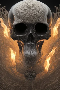 A beautiful highly detailed ornate intricate portrait of a flaming demon skull made of shiny obsidian glass :: reflective, glassy :: subtractive lighting, backlit :: by John William Waterhouse, Greg Rutkowski, HR Giger :: hyperrealistic, hyper detailed, photorealistic :: epic, incredible composition, amazing depth, meticulously composed, 16k resolution concept art :: fantasy magazine cover art