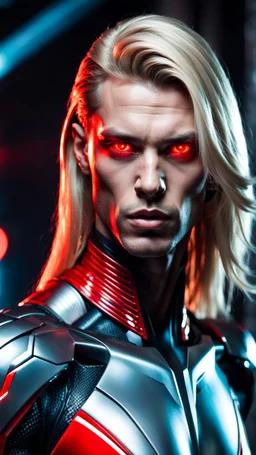 Portrait of a handsome alien humanoid warrior in a skintight suit with long blond hair and red eyes