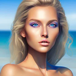 retrato de mujer rubia en playa en bikini con ojos azules