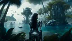 Detailed matte painting of a wide-angle shot of a woman, standing on the right side of an alien beach, with dark hair in a silver robotic catsuit, many large floating creatures with shells and long tentacles, alien jungle trees in the distance