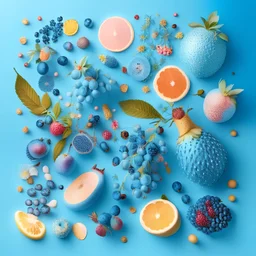 gambar berbagai buah buahan yang sangat realistik dengan background biru muda tergeletak dengan hiasan bunga dengan gliter