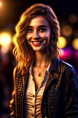 a cool, fashionable and sophisticated girl smiling and wearing cool, fashionable clothes, detailed skin, perfect body, realistic, sharp focus, very detailed, 4K HQ, 8K HDR, shadows, bokeh