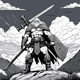 Head Lopper style by Andrew MacLean: duel on the hill, under the storm, with massive weapons