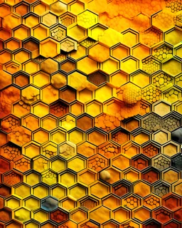 honeycombs of different colors and different sizes, yellow grunge background behind