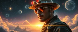 portrait of inter-galatic handsome power broker spy, the first nation, witchcraft, cyberpunk village, sci-fi, strange chrome vessels, volume light from stars through clouds, goa trance poster