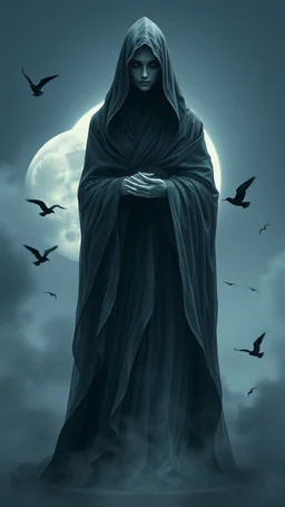 In a mesmerizing and ethereal manner, an otherworldly being emerges in the form of a translucent grey hood statue flowing smoky black robes. Forward facing full moon and birds in the background